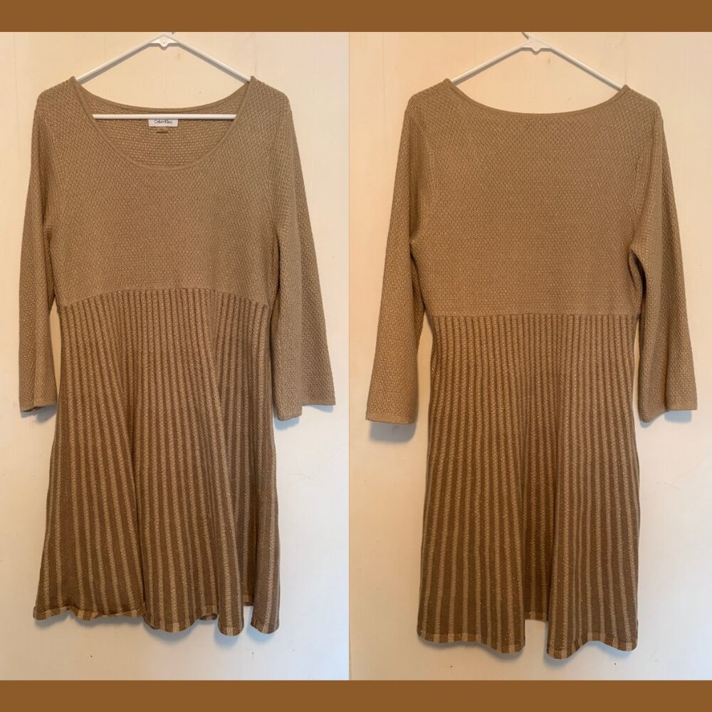 Calvin Klein 3/4 sleeve sweater dress in camel and gold metallic sparkly knit XL